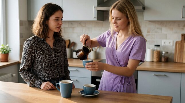 Two young female roommates make coffee in modern kitchen. Pretty blonde student pours hot drink from cezve into blue cup for friend. Best friends enjoy morning routine together at home apartment.