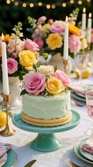 Naklejka premium Elegant pastel cake with fresh roses sits on festive table. Candles burn brightly near floral arrangements and dinnerware. Outdoor garden celebration setup.