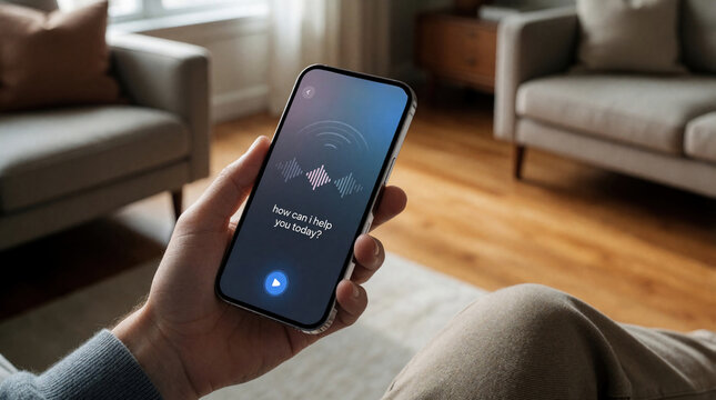Hand holds smartphone with active voice assistant interface in modern living room. Mobile app shows audio waveform on blue screen with text help request. Person uses smart tech for digital