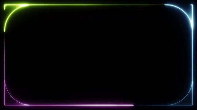 パープルとグリーンの光線が反時計回りに走るサイバーネオンフレーム 黒背景シームレスループ動画 / Purple and green glowing neon light line frame counterclockwise movement seamless loop video on black background