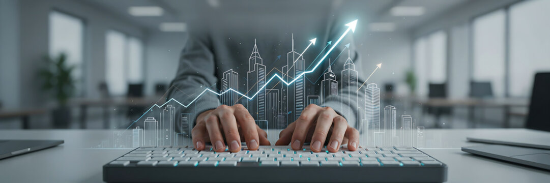 technology and busingess theme background Person typing on keyboard with stock market growth chart overlay in modern office setting