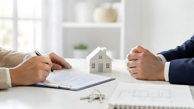 Real Estate Purchase Agreement Signing with House Model representing Mortgage and Property Ownership Concept