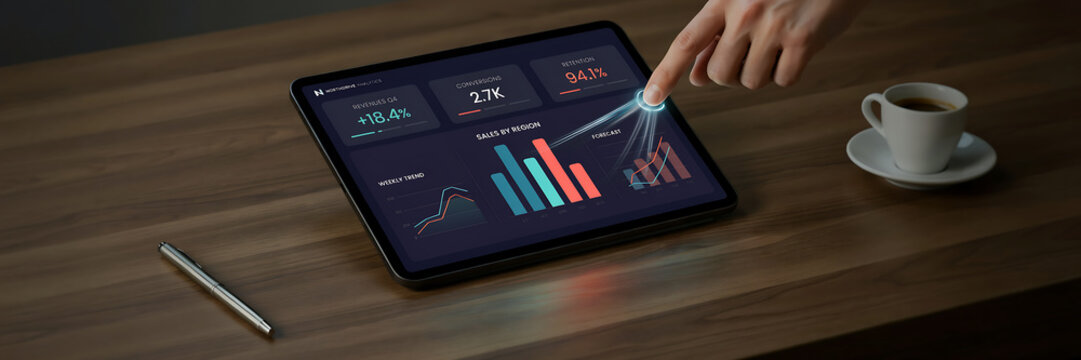technology and busingess theme background Person analyzing business dashboard on tablet with coffee on wooden table