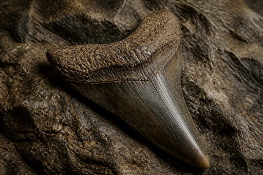 Large fossil tooth lying on textured coastal rock surface