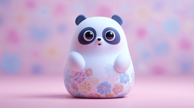 Cute panda figurine with floral pattern on pink background