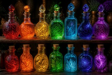 Fototapeta premium Row of colorful glass potion bottles on wooden shelf