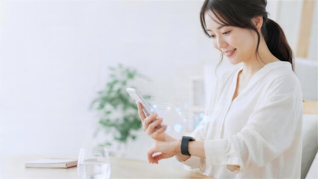 スマートフォンとウェアラブル端末を同期する女性