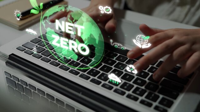 Net zero and sustainability concepts with environmental balance, digital sustainability icons, green energy goals, and eco-conscious digital business transformation for the future. Muxer