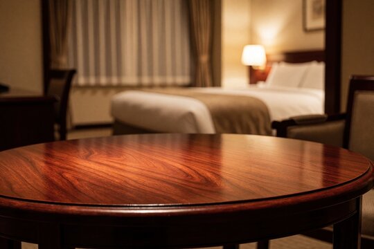 Close up of polished dark wood table in luxury hotel room. Blurred bedroom background shows bed with white linens, warm lamp light. Elegant furniture creates cozy atmosphere for travelers in upscale