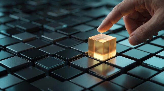 Human finger reaching toward glowing orange cube among dark gray geometric blocks represents innovation and selective precision.