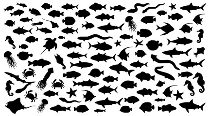 Fototapeta premium Black silhouette fish set with underwater sea creatures featuring marine life, ocean animals, and aquatic silhouettes with minimalist design and vector illustration