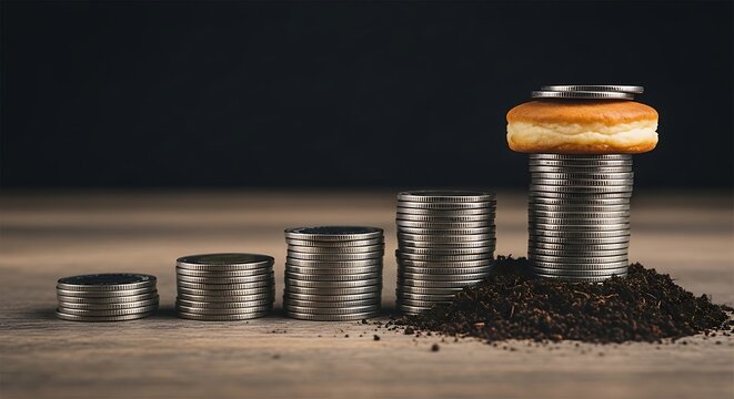 Stacked Coins With Donut On Top Symbolizing Savings