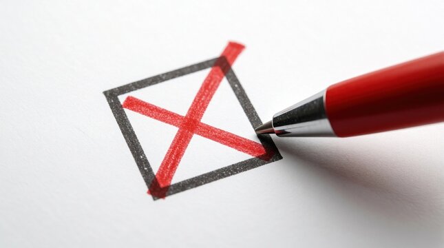 Red cross drawn on checkbox with pen, signifying rejection or error on survey or voting form. Decision marking, incorrect answer, or cancellation on document.