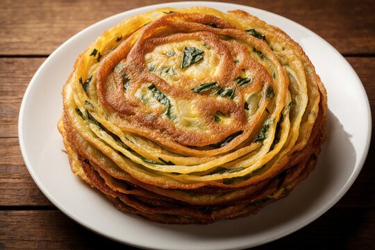 Savory martabak telor stacked on a white plate. This fried pastry dish features crispy layers filled with egg and herbs. Popular street food in Southeast Asia served hot.