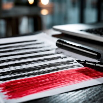 Creative concept of document censorship with black and red marker lines obscuring text on paper beside a modern laptop on a wooden desk in a blurred office envi