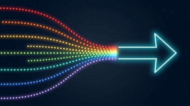 Strategic business integration and focus concept with dotted colorful neon lines converging into unified glowing arrow