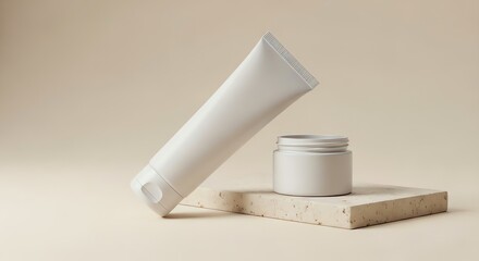 Obraz premium Minimalist white plastic tube and cream jar on stone