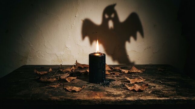 Ghost shadow with black candle and autumn leaves