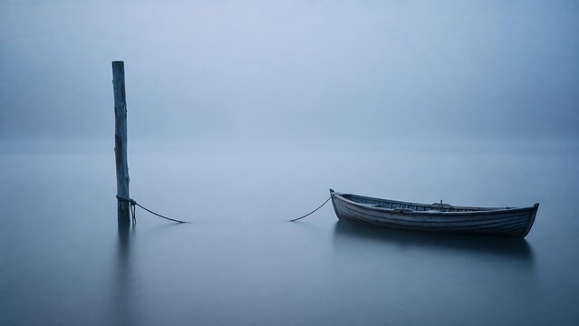 A minimalist serene seascape featuring a small empty wooden rowboat tied to a single old weathered post in perfectly smooth calm water, surrounded by thick atmospheric fog with cool