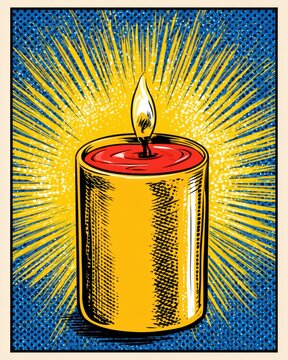 A vivid candle with a strong glow displays bright rays on a blue background in a retro pop art style. Copy space surrounds the image.