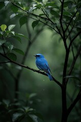 Obraz premium Small blue bird rests on a tree branch in a lush green forest. Its vibrant feathers contrast with dark foliage and soft rain. Wildlife scene in natural habitat.