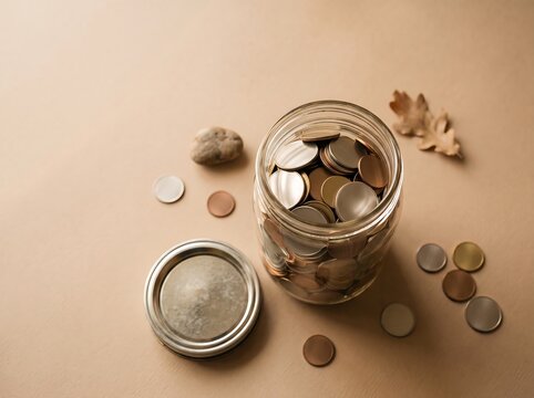 Open glass jar filled with coins beside metal lid rock and autumn leaf on table