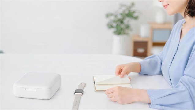 スマートウォッチと健康ノートを準備する女性