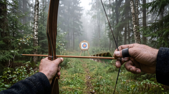 Archer Aiming Bow and Arrow at Target in Misty Forest POV
