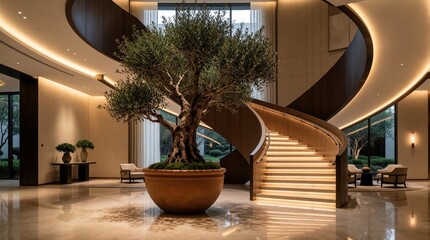 Fototapeta premium Grand hotel lobby features large potted olive tree, modern curved staircase, ambient lighting, and marble floors. Comfortable seating areas offer refined decor for guests.