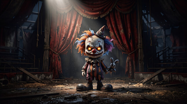 Clown figure with glowing eyes stands under a spotlight in an abandoned circus tent.
