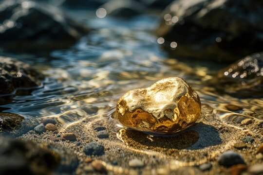 Shiny gold nugget rests on sandy riverbed near shallow clear water. Small pebbles surround precious metal, sunlight reflects off its surface, creating glittering effect.