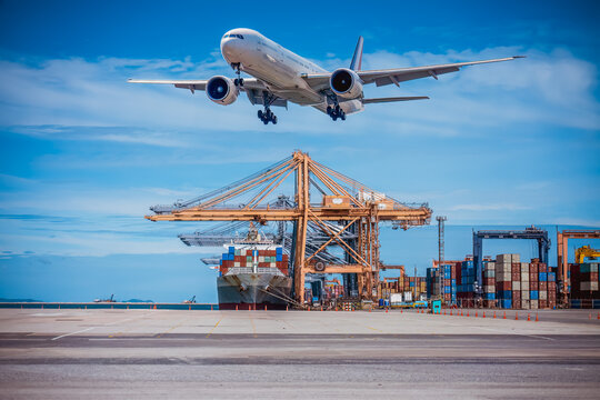Cargo airplane flying over shipping containers and large cranes global logistics international trade and supply chain management concepts of cargo delivery import and export.
