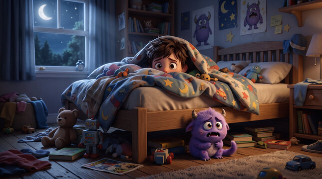 Boy hides under a blanket on his bed while a small purple monster sits on the bedroom floor at night.