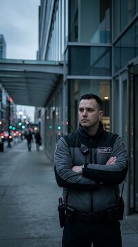 Security guard standing outside office building on sidewalk wearing winter jacket and uniform with arms crossed.