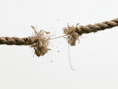 Close-up of a frayed rope about to snap, symbolizing stress and breaking point.