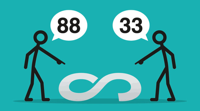 Stick figures pointing at infinity symbol with numbers eighty eight and thirty three in speech bubbles