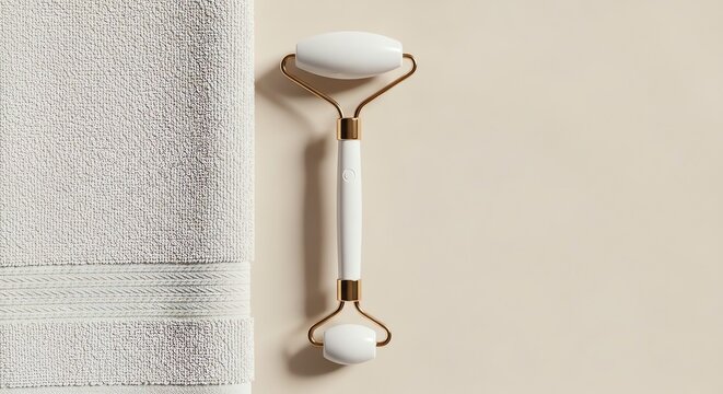 White jade facial roller next to grey towel