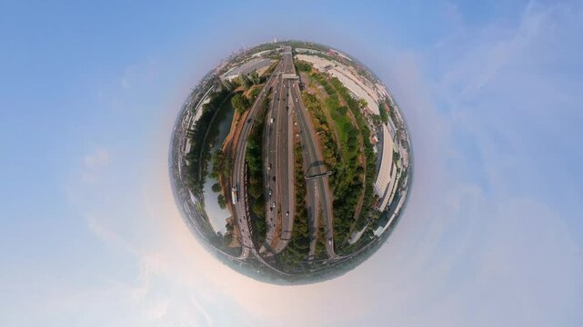 Drone aerial view of Birmingham Spaghetti Junction, tiny planet view