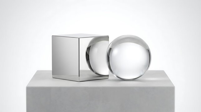 Reflective chrome cube paired with clear crystal sphere on clean white stone platform surface.