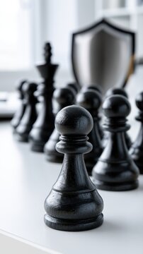 Strategic arrangement of black chess pieces with a prominent pawn in the foreground symbolizing tactics and planning in a tabletop game setting