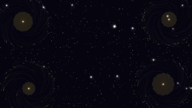 Abstract golden spiral galaxies rotating in dark deep space infinite universe cosmic motion background seamless animation video clip representing stellar evolution.