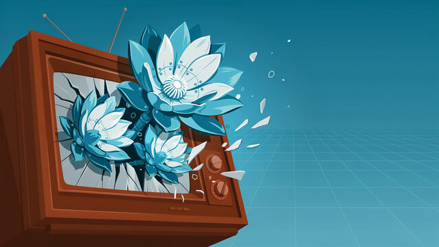 Surreal mechanical lotus flowers blooming from retro TV screen vector background