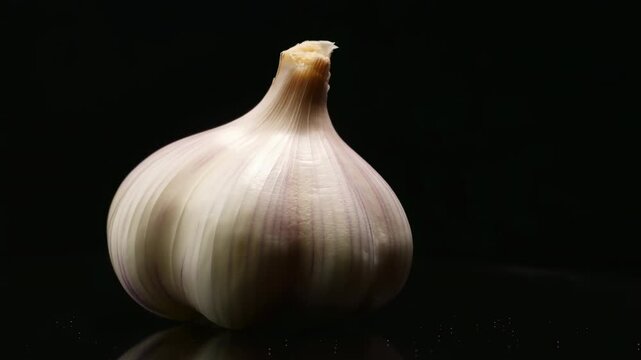 Whole garlic bulb on glossy black tabletop with soft directional light, deep shadow, close low angle viewpoint, rich texture, isolated studio style, centered composition and strong reflection