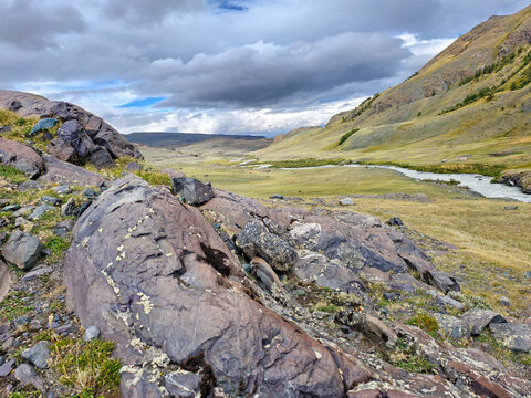 View on wilderness Altai area in the valley of Akkol river. Altai Republic.