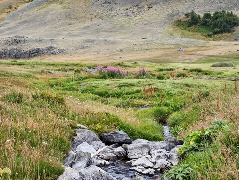 A rocky mountain stream that flows into the Akkol river. Altai Republic.