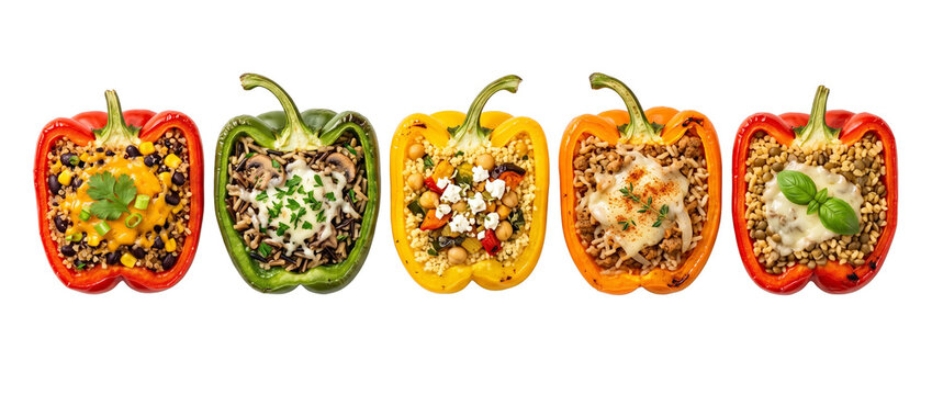 Stuffed bell peppers variety row with rice quinoa beans cheese and vegetables isolated on black background, healthy gourmet vegetarian dinner concept, colorful Mediterranean baked peppers meal prep
