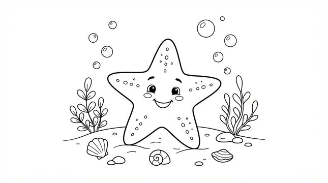 Cute cartoon starfish with bubbles on the ocean floor coloring page