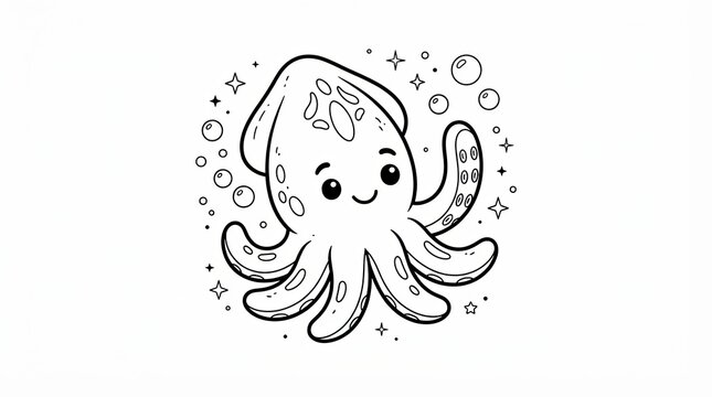 Cute little squid cartoon character with bubbles for coloring page
