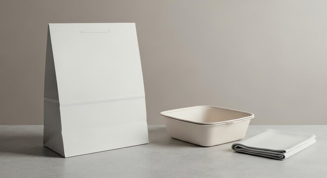 Paper bag and food container for takeout mockup