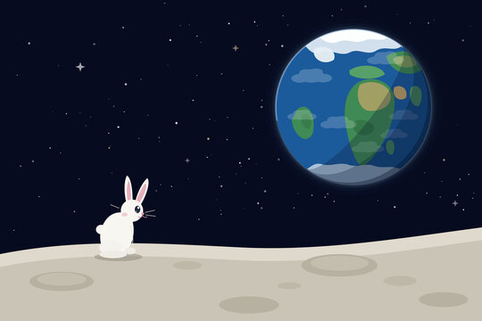 Cute white rabbit sitting on the moon surface looking at planet Earth in starry space, flat vector illustration